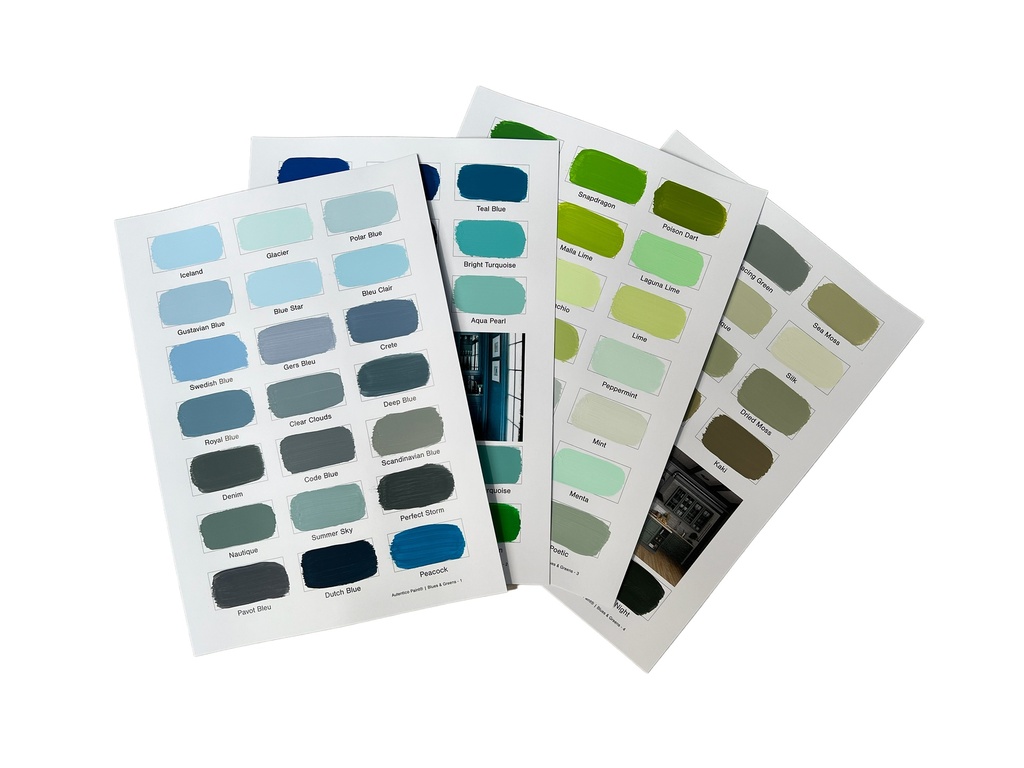 Hand-painted colour chart: The Blues and Greens